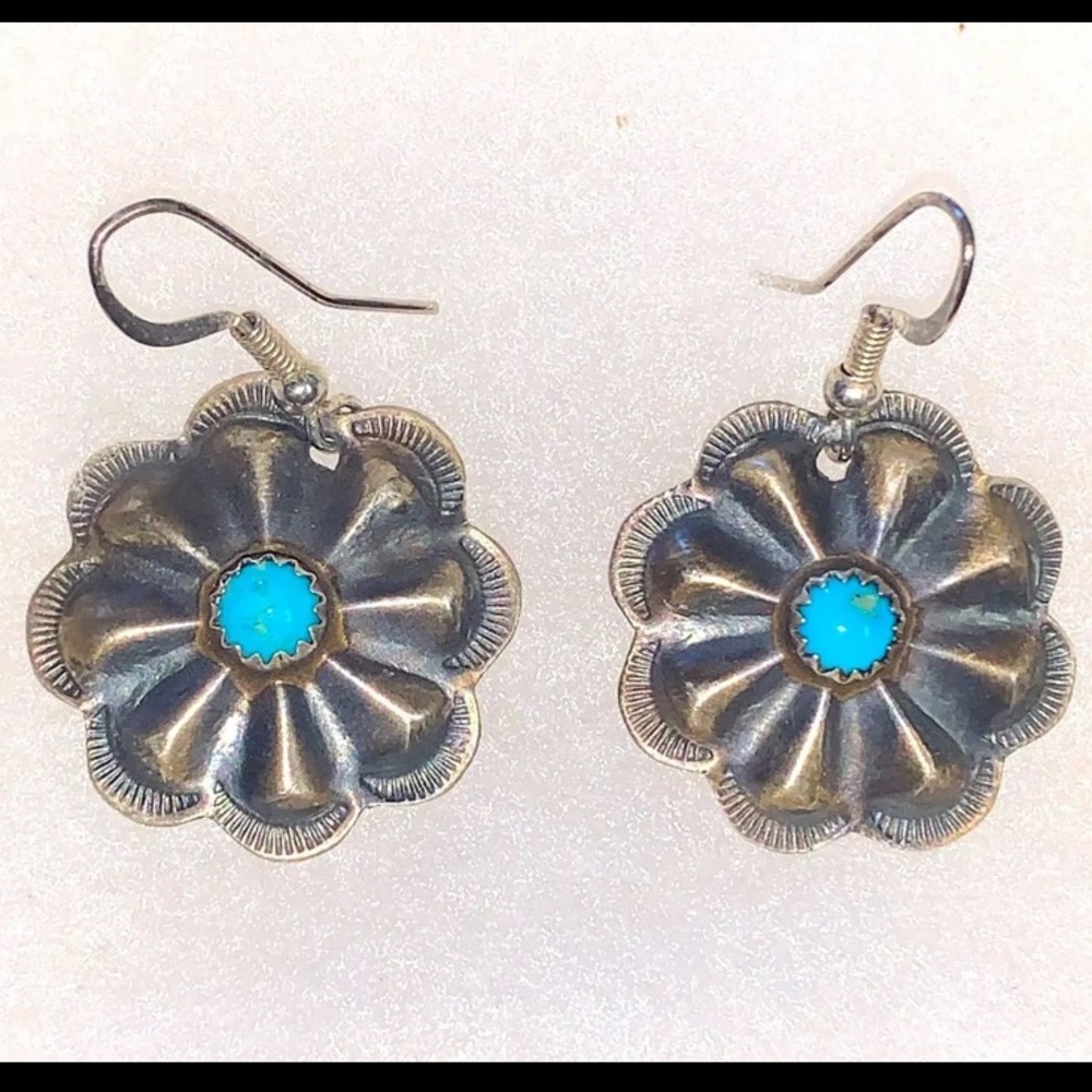 SOLD - Navajo Sterling Silver Turquoise Old Look Stamp Dangle Concho Earrings.
